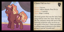 Size: 1250x625 | Tagged: safe, artist:overlordneon, imported from derpibooru, oc, oc only, oc:chana dal, pony, unicorn, bio, female, horn, magical lesbian spawn, mare, offspring, parent:fleur-de-lis, parent:saffron masala, smiling, solo, text