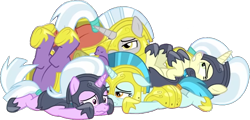 Size: 944x453 | Tagged: safe, edit, edited screencap, editor:pascalmulokozi2, imported from derpibooru, screencap, earth pony, pegasus, pony, unicorn, season 9, the ending of the end, spoiler:s09, armor, armored pony, dazed, defeat, defeated, female, guard, horn, male, mare, royal guard, stallion