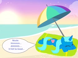 Size: 3202x2392 | Tagged: safe, artist:memeartboi, imported from derpibooru, pony, unicorn, beach, beach towel, beach umbrella, beautiful, cute, eyes closed, female, heart, horn, lying down, mare, nicole watterson, outdoors, ponified, relaxed, relaxing, relieved, sand, solo, speech bubble, sun, sunbathing, sunset, text, the amazing world of gumball, unicorn horn