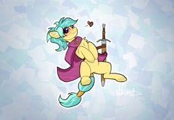 Size: 2392x1652 | Tagged: safe, artist:helmie-art, imported from derpibooru, oc, oc only, oc:karoline skies, earth pony, pony, abstract background, chest fluff, clothes, female, freckles, heart, mare, smiling, solo, sword, weapon