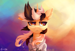 Size: 2400x1621 | Tagged: safe, artist:行豹cheetahspeed, imported from derpibooru, oc, oc only, oc:autumn trace, pony, unicorn, series:paint a picture about life, black and white mane, clothes, colored, female, hoodie, horn, light, looking away, mare, orange eyes, two toned mane, yellow skin