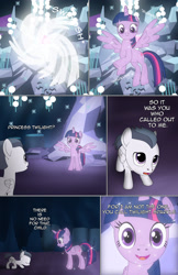 Size: 1989x3072 | Tagged: safe, artist:anonymousandrei, derpibooru exclusive, imported from derpibooru, rumble, tree of harmony, twilight sparkle, alicorn, pegasus, pony, comic:rumble and the tree of harmony, bowing, cave, colt, comic, dialogue, female, foal, male, mare, talking, treelight sparkle, twilight sparkle (alicorn)