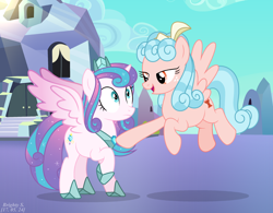 Size: 2388x1864 | Tagged: safe, artist:brightness-sentryyt, imported from derpibooru, cozy glow, princess flurry heart, alicorn, pegasus, pony, a better ending for cozy, base used, crystal empire, dialogue in the description, flying, manipulation, older, older cozy glow, older flurry heart, outdoors, pointing, story included, what if