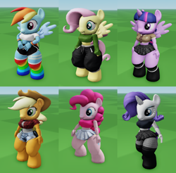 Size: 1116x1096 | Tagged: safe, imported from derpibooru, applejack, fluttershy, pinkie pie, rainbow dash, rarity, twilight sparkle, anthro, unguligrade anthro, 3d, clothes, fishnet clothing, fishnets, mane six, pants, roblox, skirt, socks, stockings, sweater, sweatpants, thigh highs