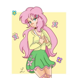 Size: 1005x1005 | Tagged: safe, artist:nerdyartist1013, imported from derpibooru, fluttershy, butterfly, human, clothes, female, humanized, light skin, looking at you, passepartout, skirt, smiling, smiling at you, solo