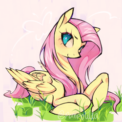 Size: 1000x1000 | Tagged: safe, artist:pompolilla, imported from derpibooru, fluttershy, pegasus, pony, female, grass, lying down, mare, pink background, prone, simple background, smiling, solo