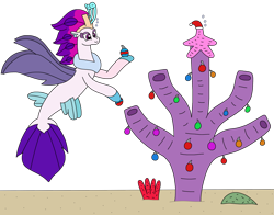 Size: 2857x2237 | Tagged: safe, artist:supahdonarudo, imported from derpibooru, queen novo, seapony (g4), starfish, my little pony: the movie, bubble, christmas, christmas ornament, coral, decorating, decoration, hat, holding, holiday, sand, santa hat, simple background, transparent background