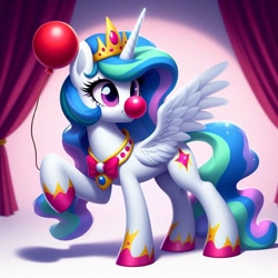 Size: 1024x1024 | Tagged: safe, imported from derpibooru, princess celestia, alicorn, ai content, ai generated, alternate cutie mark, balloon, bowtie, clown, clown nose, curtains, female, generator:bing image creator, generator:dall-e 3, horn, mare, prompter:heydude5321, red nose, solo, wings