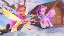 Size: 1920x1080 | Tagged: safe, artist:dreezegh, imported from derpibooru, pipp petals, sunny starscout, alicorn, pegasus, pony, 3d, alicornified, artificial wings, augmented, clothes, cute, detailed background, duo, duo female, fanart, female, flying, g5, horn, looking at you, my little pony: make your mark, open mouth, race swap, wings, winter, winter outfit, winter wishday