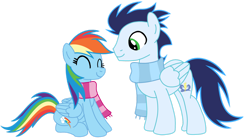 Size: 1280x713 | Tagged: safe, artist:soarindasher10, imported from derpibooru, rainbow dash, soarin', pegasus, pony, clothes, female, male, mare, scarf, shipping, simple background, smiling, soarindash, stallion, straight, transparent background