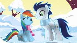 Size: 1280x713 | Tagged: safe, artist:soarindasher10, imported from derpibooru, rainbow dash, soarin', pegasus, pony, clothes, female, male, mare, scarf, shipping, smiling, snow, snowflake, soarindash, stallion, straight, winter