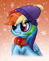 Size: 2000x2500 | Tagged: safe, artist:sunamoonmlp, derpibooru exclusive, imported from derpibooru, rainbow dash, pegasus, pony, clothes, cute, female, hat, mare, scarf, smiling, snow, snowflake, solo, teeth, winter, winter outfit