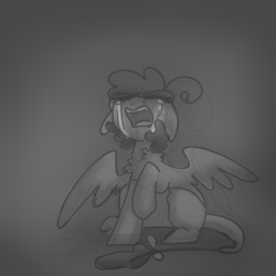 Size: 600x600 | Tagged: safe, artist:php193, imported from derpibooru, oc, oc only, oc:raevyn, pegasus, pony, angry, angst, crying, female, monochrome, sad, screaming, sketch, solo, vent art