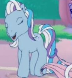 Size: 1014x1107 | Tagged: safe, imported from derpibooru, screencap, razzaroo, pony, a charming birthday, cropped, eyes closed, g3, laughing, multicolored mane, multicolored tail, open mouth, pink tail, snow, snowflake, solo focus, tail