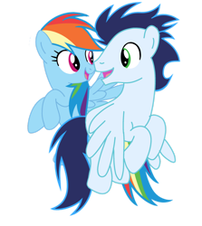 Size: 1280x1432 | Tagged: safe, artist:soarindasher10, imported from derpibooru, rainbow dash, soarin', pegasus, pony, female, flying, looking at each other, looking at someone, male, mare, shipping, simple background, smiling, smiling at each other, soarindash, stallion, straight, transparent background