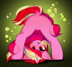 Size: 4073x3760 | Tagged: safe, artist:empress-twilight, imported from derpibooru, oc, oc only, oc:raspberries, alicorn, bat pony, bat pony alicorn, pony, bat pony alicorn oc, bat pony oc, bat wings, blushing, butt touch, cheek fluff, clothes, colored pupils, colored wings, commission, dock, dock fluff, ear fluff, ear tufts, eye clipping through hair, eyebrows, eyebrows visible through hair, eyelashes, fangs, featureless crotch, female, female oc, freckles, gradient background, gradient ears, gradient eyes, gradient horn, gradient wings, high res, hock fluff, hoodie, hoof on butt, hoof on leg, horn, jewelry, looking at you, mare oc, pink coat, pink hoodie, pink mane, pink skirt, pink tail, pleated skirt, presenting, rear view, red eyes, red pupils, shiny mane, shiny tail, skirt, slit pupils, smiling, smiling at you, solo, sparkles, spread wings, standing, standing on two hooves, tail, three quarter view, tiara, tongue out, two toned mane, two toned tail, two toned wings, unicorn horn, wings, ych result