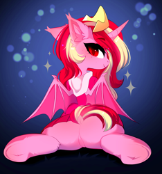 Size: 3359x3583 | Tagged: safe, artist:empress-twilight, imported from derpibooru, oc, oc only, oc:raspberries, alicorn, bat pony, bat pony alicorn, pony, bat pony alicorn oc, bat pony oc, bat wings, cheek fluff, clothes, colored pupils, colored wings, commission, dock, ear fluff, ear tufts, eye clipping through hair, eyebrows, eyebrows visible through hair, eyelashes, fangs, featureless crotch, female, female oc, gradient background, gradient eyes, gradient wings, high res, hock fluff, hoodie, hoof fluff, horn, jewelry, looking at you, looking back, looking back at you, mare oc, pink coat, pink hoodie, pink mane, pink skirt, pink tail, pleated skirt, profile, red eyes, red pupils, shiny mane, shiny tail, skirt, slit pupils, smiling, smiling at you, solo, sparkles, spread legs, spread wings, spreading, tail, tiara, tongue out, turned head, two toned mane, two toned tail, two toned wings, underhoof, unicorn horn, wings, ych result