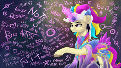 Size: 1344x756 | Tagged: safe, artist:calena, imported from derpibooru, oc, oc only, oc:trinity deblanc (new), pony, unicorn, arcane, dialogue, horn, league of legends, self paradox, solo, unicorn oc