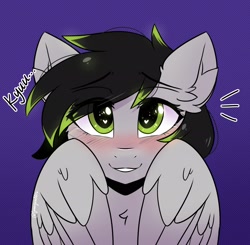 Size: 2048x2007 | Tagged: safe, artist:sonigiraldo, imported from derpibooru, oc, oc only, oc:silver moon, pegasus, pony, beautiful, blushing, cute, daaaaaaaaaaaw, female, hair tips, heart, heart eyes, kyu, looking at you, mare, purple background, simple background, smiling, weapons-grade cute, wingding eyes, wings