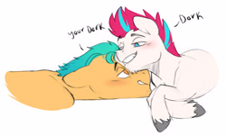 Size: 3282x1979 | Tagged: safe, artist:chub-wub, imported from derpibooru, hitch trailblazer, zipp storm, earth pony, pegasus, pony, blushing, dialogue, duo, duo male, g5, gay, hitchzipp, male, shipping, smiling, snuggling, trans male, trans zipp, transgender, unshorn fetlocks