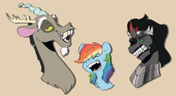 Size: 4768x2614 | Tagged: safe, artist:chub-wub, imported from derpibooru, discord, king sombra, rainbow dash, draconequus, pegasus, pony, unicorn, fangs, female, horn, male, mare, simple background, snaggletooth, tan background, trio, upper body