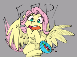 Size: 3668x2726 | Tagged: safe, artist:chub-wub, imported from derpibooru, fluttershy, pegasus, pony, bowl, candy, crying, eep, female, floppy ears, food, gray background, halloween, holiday, mare, misleading thumbnail, missing cutie mark, open mouth, scared, screaming, simple background, solo, spread wings, startled, wings