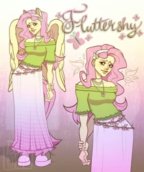 Size: 1080x1286 | Tagged: safe, artist:poppynell, imported from twibooru, fluttershy, equestria girls, clothes, ear piercing, earring, female, gradient background, headband, image, jewelry, long skirt, necklace, needs more jpeg, piercing, pony ears, self paradox, skirt, solo, wings