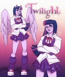 Size: 1080x1278 | Tagged: safe, artist:poppynell, imported from twibooru, twilight sparkle, equestria girls, clothes, female, glasses, gradient background, horn, image, leg warmers, needs more jpeg, pony ears, self paradox, skirt, solo, wings