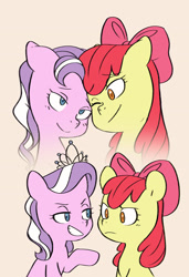 Size: 1836x2680 | Tagged: safe, artist:chub-wub, imported from derpibooru, apple bloom, diamond tiara, earth pony, pony, apple bloom's bow, bow, diamondbloom, duo, duo female, female, filly, foal, grin, hair bow, jewelry, lesbian, looking at each other, looking at someone, mare, older, older apple bloom, older diamond tiara, one eye closed, raised hoof, shipping, smiling, smug, tiara, wink