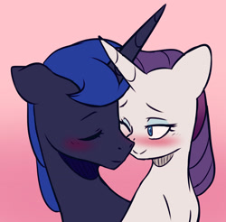 Size: 2740x2700 | Tagged: safe, artist:chub-wub, imported from derpibooru, princess luna, rarity, alicorn, pony, unicorn, blushing, duo, duo female, eyes closed, eyeshadow, female, gradient background, horn, lesbian, makeup, mare, nuzzling, one eye closed, pink background, rariluna, shipping, simple background, wink