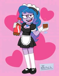 Size: 552x717 | Tagged: safe, artist:garybaldor, imported from derpibooru, izzy moonbow, human, equestria girls, clothes, cup, equestria girls-ified, g5, g5 to equestria girls, g5 to g4, generation leap, glass, gloves, heart, heart background, lidded eyes, maid, maid headdress, shoes, smiling, socks, soda, solo, stockings, thigh highs, two toned background