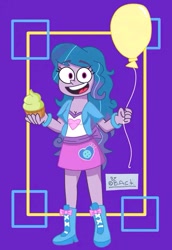 Size: 535x777 | Tagged: safe, artist:garybaldor, imported from derpibooru, izzy moonbow, human, equestria girls, balloon, breasts, clothes, cosplay, costume, cupcake, equestria girls outfit, equestria girls-ified, female, food, g5, g5 to equestria girls, g5 to g4, generation leap, happy, open mouth, open smile, signature, smiling, solo