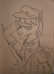 Size: 2672x3669 | Tagged: safe, artist:ponerr, imported from derpibooru, oc, oc:dusty eclipse, bat pony, bat pony oc, bat wings, clothes, ear fluff, glasses, gun, male, signature, solo, uniform, uniform hat, weapon, wings