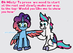 Size: 640x465 | Tagged: safe, artist:zoeyhorse, imported from derpibooru, zipp storm, alicorn, pegasus, pony, alicornified, assisted preening, blushing, dawnstorm, dialogue, duo, duo female, female, g5, gray background, grooming, lesbian, looking away, mare, misty brightdawn, mistycorn, one wing out, preening, race swap, rebirth misty, shipping, simple background, sitting, wings