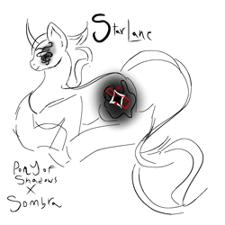 Size: 1280x1280 | Tagged: artist needed, source needed, safe, imported from derpibooru, king sombra, pony of shadows, stygian, oc, oc:starlane, unicorn, curved horn, ear fluff, female, horn, interspecies offspring, librarian, mare, offspring, parent:king sombra, parent:pony of shadows, roached mane, simple background, star cutiemark, white background