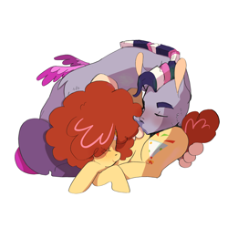 Size: 2048x2048 | Tagged: safe, artist:aztrial, imported from derpibooru, oc, oc only, oc:felicity, oc:star oasis, draconequus, earth pony, hybrid, pony, cuddling, draconequus oc, duo, duo male and female, eyes closed, female, interspecies offspring, lying down, male, mare, oc x oc, offspring, offspring shipping, parent:cheese sandwich, parent:discord, parent:pinkie pie, parent:twilight sparkle, parents:cheesepie, parents:discolight, prone, shipping, simple background, sleeping, straight, white background