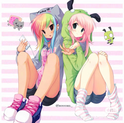 Size: 1440x1421 | Tagged: safe, artist:bonnybel_, imported from derpibooru, fluttershy, rainbow dash, human, antonymph, clothes, converse, female, flutterdash, gir, humanized, invader zim, lesbian, moe, nyan cat, shipping, shoes, thin, vylet pony