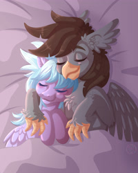 Size: 4000x5000 | Tagged: safe, artist:sharkita, imported from derpibooru, cloudchaser, oc, oc:luxor, classical hippogriff, hippogriff, pegasus, bed, canon x oc, duo, eyes closed, hippogriff oc, hug, sleeping, sleeping together, wings