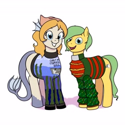 Size: 4096x4096 | Tagged: safe, artist:pony quarantine, imported from derpibooru, oc, oc only, oc:marina, earth pony, merpony, pony, christmas sweater, clothes, commission, duo, duo male and female, female, grin, husband and wife, looking at you, male, mare, open mouth, open smile, simple background, smiling, smiling at you, stallion, sweater, white background