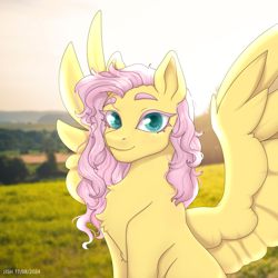 Size: 4134x4134 | Tagged: safe, artist:jjsh, imported from derpibooru, fluttershy, pegasus, pony, blurry background, chest fluff, colored eyebrows, colored eyelashes, colored pupils, cute, cute face, female, field, fluffy, fluffy mane, grass, high res, looking at you, mare, nature, outdoors, pink eyelashes, real life background, shyabetes, sitting, sky, smiling, smiling at you, solo, spread wings, teal pupils, three quarter view, wings