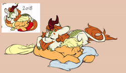 Size: 4620x2681 | Tagged: safe, artist:chub-wub, imported from derpibooru, applejack, autumn blaze, earth pony, kirin, pony, 2018, autumnjack, awwtumn blaze, cloven hooves, colored sketch, cuddling, cute, duo, duo female, eyes closed, female, freckles, horn, jackabetes, lesbian, lying down, lying on top of someone, mare, pillow, prone, redraw, shipping, sketch, sleeping