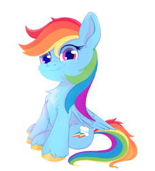 Size: 1910x2104 | Tagged: safe, artist:saphypone, imported from derpibooru, rainbow dash, pegasus, pony, backwards cutie mark, cheek fluff, chest fluff, female, folded wings, looking at you, mare, simple background, sitting, smiling, smiling at you, solo, tail, unshorn fetlocks, white background, wings