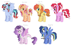 Size: 2650x1684 | Tagged: safe, artist:unoriginai, imported from derpibooru, oc, oc only, oc:baked apple, oc:chain lightning, oc:halve-it, oc:priceless, oc:shimmering blade, dracony, dragon, earth pony, hybrid, pegasus, pony, unicorn, adoptable, bandana, blue eyes, blush lines, blushing, bow, bracelet, braid, braided pigtails, bucktooth, cloven hooves, colored belly, colored hooves, colored pinnae, cowboy hat, cute, cute little fangs, cyan eyes, dreadlocks, ear piercing, earring, earth pony oc, eyebrow piercing, eyebrows, eyebrows visible through hair, eyeshadow, fangs, female, female oc, freckles, frown, golden eyes, gradient mane, gradient tail, green eyes, hair bun, hat, headkerchief, hooves, horn, interspecies offspring, jewelry, lidded eyes, makeup, mare, multicolored hair, necklace, nudity, offspring, parent:applejack, parent:big macintosh, parent:caramel, parent:flash sentry, parent:fluttershy, parent:pinkie pie, parent:pokey pierce, parent:rainbow dash, parent:rarity, parent:soarin', parent:spike, parent:twilight sparkle, parents:carajack, parents:flashlight, parents:fluttermac, parents:pokeypie, parents:soarindash, parents:sparity, pearl necklace, pegasus oc, piercing, pigtails, ponytail, round ears, sheath, shiny hooves, simple background, slit pupils, spread wings, standing, striped mane, sugar pop, sword, tail, tail bow, tail tie, tail wrap, tongue out, unicorn oc, unshorn fetlocks, weapon, white background, wings