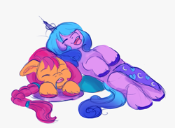 Size: 749x549 | Tagged: safe, artist:saphypone, imported from derpibooru, izzy moonbow, sunny starscout, earth pony, pony, unicorn, chest fluff, concave belly, cute, drool, duo, duo female, eyebrows, eyebrows visible through hair, eyes closed, female, g5, happy, horn, izzybetes, lying down, mare, on back, open mouth, open smile, prone, simple background, sleeping, smiling, snoring, sunnybetes, unshorn fetlocks, white background