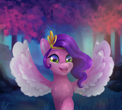 Size: 3665x3300 | Tagged: safe, artist:saphypone, imported from derpibooru, pipp petals, pegasus, pony, diadem, female, forest, g5, grass, jewelry, mare, nature, open mouth, open smile, outdoors, regalia, smiling, solo, spread wings, tree, wings