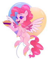 Size: 2497x3187 | Tagged: safe, artist:saphypone, imported from derpibooru, pinkie pie, pegasus, pony, balloon, female, food, mare, open mouth, open smile, pegasus pinkie pie, pie, race swap, simple background, smiling, solo, spread wings, tail, white background, wings