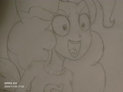 Size: 4000x3000 | Tagged: safe, imported from derpibooru, pinkie pie, human, equestria girls, monochrome, open mouth, smiling, solo, traditional art