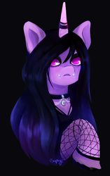 Size: 3018x4800 | Tagged: safe, artist:saphypone, imported from derpibooru, izzy moonbow, pony, unicorn, black background, choker, clothes, female, fishnet clothing, fishnets, g5, goth, goth izzy, horn, mare, piercing, simple background, socks, solo, stockings, thigh highs, unshorn fetlocks