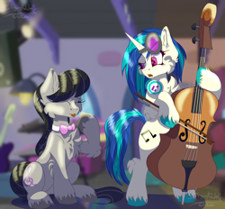 Size: 1500x1394 | Tagged: safe, artist:bryony6210, artist:bryonythewolf, imported from derpibooru, dj pon-3, octavia melody, vinyl scratch, earth pony, pony, unicorn, bow (instrument), bowtie, cello, cheek fluff, chest fluff, duo, duo female, ear fluff, eyes closed, female, hoof hold, horn, indoors, leg fluff, mare, musical instrument, octavia's bowtie, open mouth, raised hoof, sitting, tail, unshorn fetlocks, vinyl's glasses, vinyl's headphones