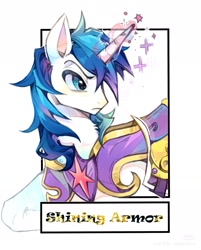 Size: 1440x1794 | Tagged: safe, artist:二惡英, imported from derpibooru, shining armor, pony, unicorn, armor, bust, glowing, glowing horn, horn, male, portrait, simple background, solo, sparkles, stallion, white background